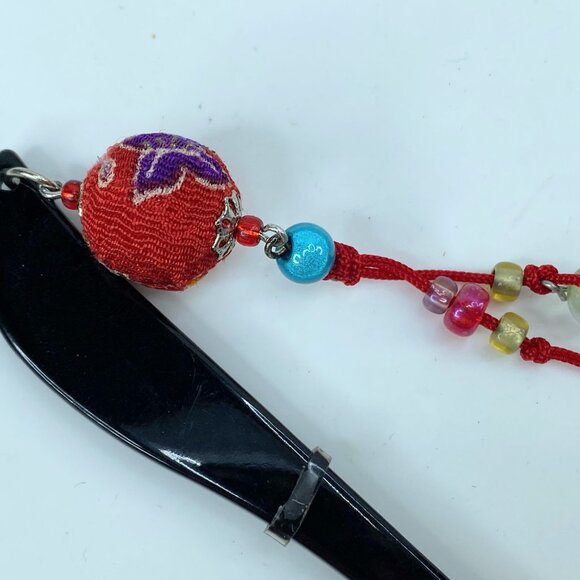 Rare Japanese Lacque black wooden Chirima ball crystal blue bead hairpin GS515 main image 5